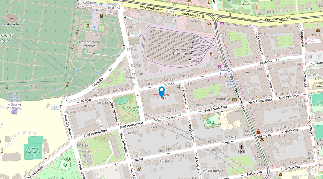 Mapa s vyznačenou polohou ordinace v Krátké 18, Praha 10 - Strašnice